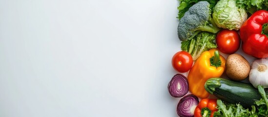 Aufkleber - Healthy eating concept or green grocery shopping a selection of fresh vegetables isolated on a white background in close up. with copy space image. Place for adding text or design