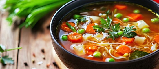 Poster - Vegetarian vegetable soup featuring vermicelli and spring onions Studio Photo. with copy space image. Place for adding text or design