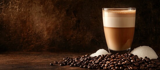 Aufkleber - A glass of freshly brewed hot latte macchiato sits atop coffee beans and sugar set against a dark backdrop with copy space available