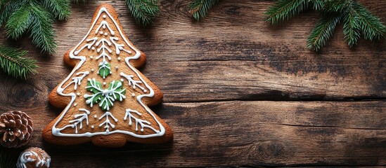 Poster - Gingerbread Christmas tree icing New Year decoration on a wooden background. with copy space image. Place for adding text or design