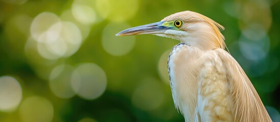 Poster - Squacco heron Ardeola ralloides against a green background. with copy space image. Place for adding text or design