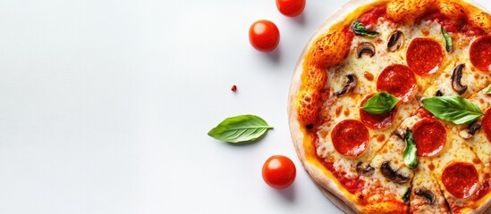 Fototapete - Delicious Italian pizza on a white background. with copy space image. Place for adding text or design