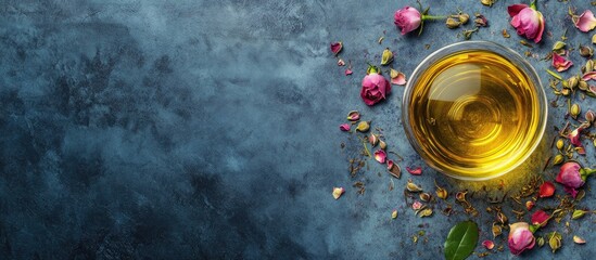 Poster - Middle Eastern Arab cuisine Herbal tea with rose buds copyspace top view