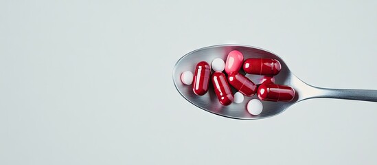 Aufkleber - Medicine pills on a spoon against a white background conceptualizing health. with copy space image. Place for adding text or design