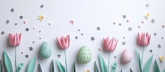 Poster - Happy Easter banner featuring handmade paper green eggs and pink origami tulips set against silver stars on a white background DIY concept Copy space