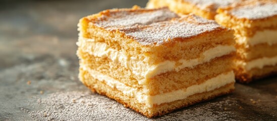 Leinwandbilder - Closeup of delicious Napoleon cake pieces on a table Space for text. with copy space image. Place for adding text or design