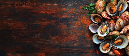 Poster - Top view of Asian shellfish on wood with curry spices Textured background featuring shellfish Clear wooden surface. with copy space image. Place for adding text or design