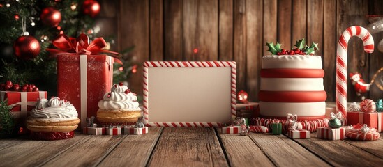 Fototapete - Happy Christmas backdrop featuring an empty postcard a large candy cane toys and cakes set against a wooden background. with copy space image. Place for adding text or design