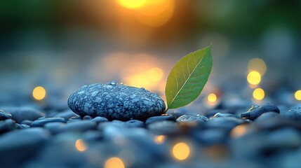 Wall Mural - Dewdrop on a smooth grey stone with a green leaf sprout at sunset.