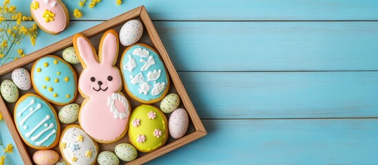 Aufkleber - Colorful Easter bunny and egg cookies in a wooden frame Blue background top view. with copy space image. Place for adding text or design