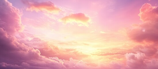 Wall Mural - Red violet and orange sunset hues fill the overcast sky with fluffy clouds. with copy space image. Place for adding text or design