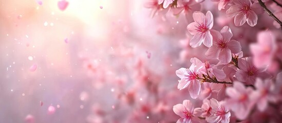 Poster - Sakura in full bloom with pink flowers during spring. with copy space image. Place for adding text or design