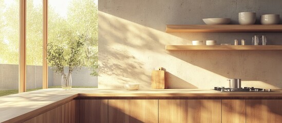 Aufkleber - Modern kitchen featuring wood elements and a window that lets in plenty of light No one is present inside. with copy space image. Place for adding text or design
