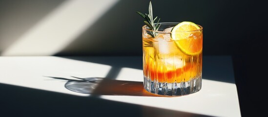 Chilled healthy summer orange cocktail with alcohol rosemary ice and a slice of lime in a glass on a podium in bright sunlight casting dark shadows in a minimal simple white and dark interior