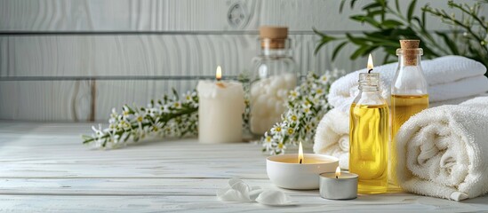 Poster - Concept of spa treatment in a salon Natural organic oil towel and candles as decor An atmosphere of relaxation serenity and pleasure Anti stress and detox treatments Luxury lifestyle White wooden ba