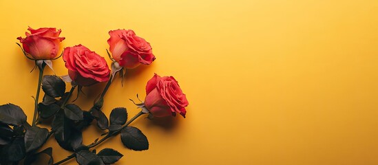 Leinwandbilder - Roses set against a yellow background. with copy space image. Place for adding text or design