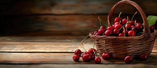 Fototapete - Basket of cherries on a wooden table Copyspace