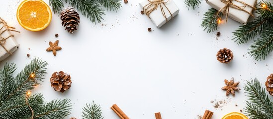 Canvas Print - Christmas gifts pine cones fir branches spruce cookies lights oranges cinnamon snowflakes and festive tinsel on a white background Flat lay top view copy space