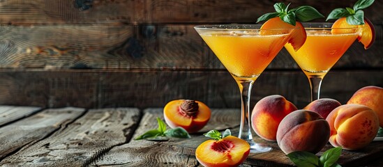 Aufkleber - Refreshing summer beverage peach martini cocktails made with gin or vodka and garnished with fresh peaches wooden background copyspace