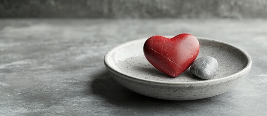 Poster - Stone heart in a porcelain dish on a gray surface Valentine s Day. with copy space image. Place for adding text or design