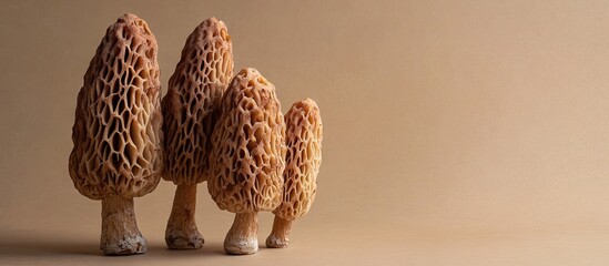 Poster - Morels featuring a brown sponge like cap. with copy space image. Place for adding text or design