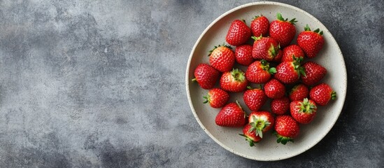Fototapete - Fresh tasty strawberries arranged on a chic plate against a concrete backdrop Above view with copyspace available