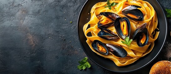 Leinwandbilder - Pasta with mussels tagliatelle seafood menu idea Culinary backdrop Copyspace Top view