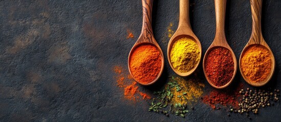 Leinwandbilder - Assortment of spices chili powder oregano curry brown salt and turmeric in wooden spoons on a dark textured background Top view flat lay Copy space