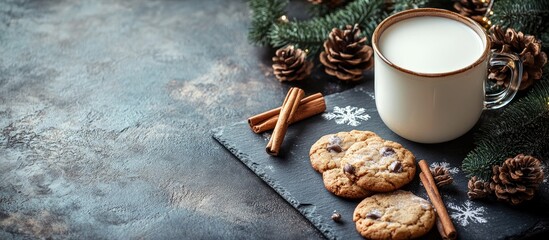Aufkleber - A cup of milk cinnamon sticks homemade cookies and a slate with Christmas decorations. with copy space image. Place for adding text or design