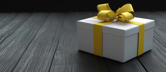 Wall Mural - White gift box with a yellow ribbon and tag on a wooden table with space and a black background. with copy space image. Place for adding text or design