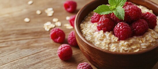 Oatmeal with fresh raspberries makes for a nutritious breakfast featuring oatmeal porridge in a ceramic bowl topped with ripe berries and mint against a wooden backdrop. with copy space image