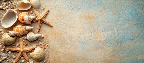 Poster - Seashells and starfish on a sandy background with copyspace