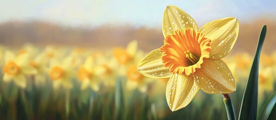 Fototapete - Close up of a yellow daffodil blossom in front of a field of daffodils in the background adorned with dew drops in spring. with copy space image. Place for adding text or design