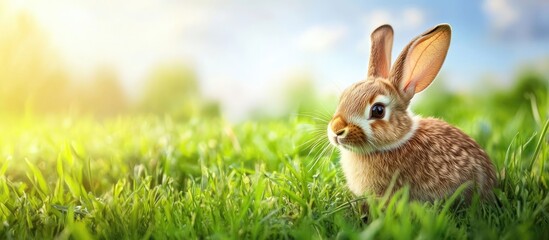 Poster - Adorable brown rabbit on grass with a sky backdrop. with copy space image. Place for adding text or design