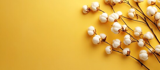 Poster - Cotton flowers on a yellow background with copy space