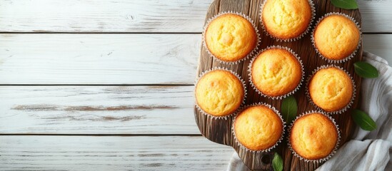 Poster - Homemade Cornbread Muffins on a rustic wooden board with a white wooden backdrop top view Flat lay overhead from above Copy space