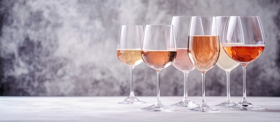 Aufkleber - Rose wine in various glasses on a light concrete background Minimal wine arrangement on a white table with copyspace