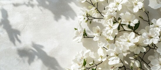 Poster - A stunning arrangement of white flowers with shadows cast on a light gray concrete surface This idea is perfect for a wedding celebration birthday or holiday greeting card Close up top view flat la