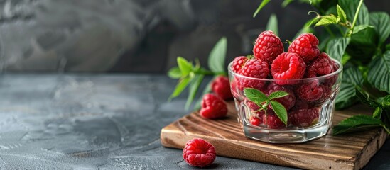 Poster - Ripe juicy raspberries in a clear glass on a wooden board with green leaves in the background Dark gray backdrop text space available. with copy space image. Place for adding text or design