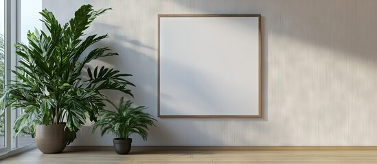 Poster - Whiteboard for mockup on a bare wall in a room with potted plants beside it. with copy space image. Place for adding text or design