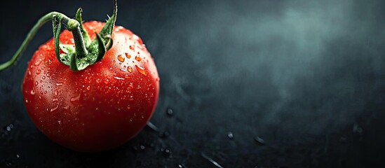 Poster - fresh tomato sprig against a dark backdrop closeup. with copy space image. Place for adding text or design