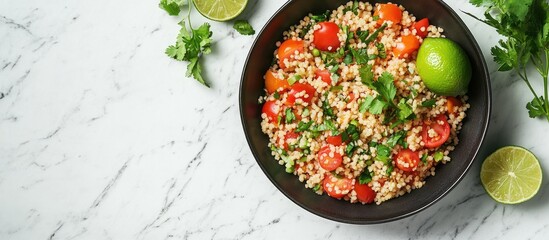 Poster - Light dietary dish of couscous with tomatoes lime and fresh herbs in a dark bowl set against a white marble background top view copy space