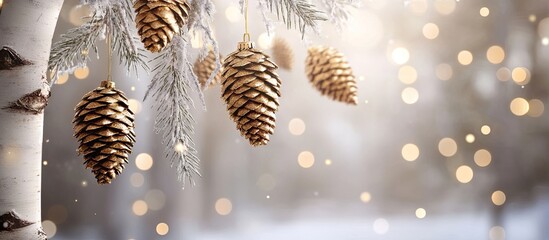 Poster - environmentalist Christmas tree with golden cones suspended from white birch branches. with copy space image. Place for adding text or design