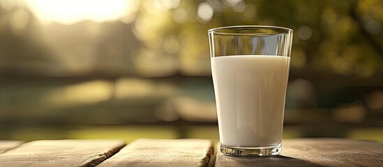 Poster - Milk in a glass against a blurred natural background A glass of milk on a table Fresh milk and springtime High quality image Copy space for text