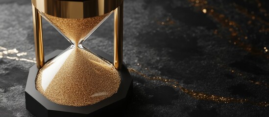 Poster - Close up of a modern hexagon hourglass filled with golden sand on a black table with copy space Concept of time passing and countdown