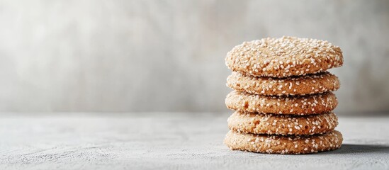 Leinwandbilder - Sesame cookies stacked on a light gray background with copy space Horizontal
