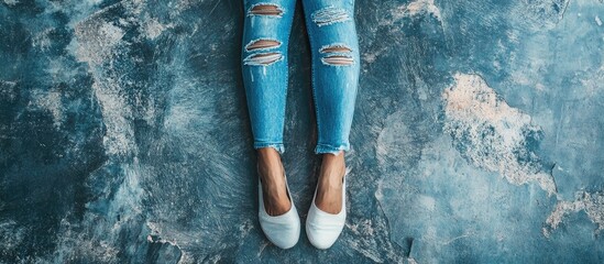 Poster - Legs in torn denim jeans on a background. with copy space image. Place for adding text or design