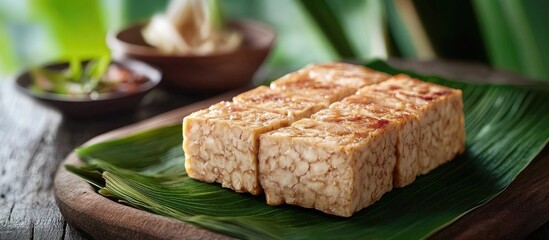 Fototapete - tempe mentah uncooked tempeh raw soybean cake on a banana leaf. with copy space image. Place for adding text or design