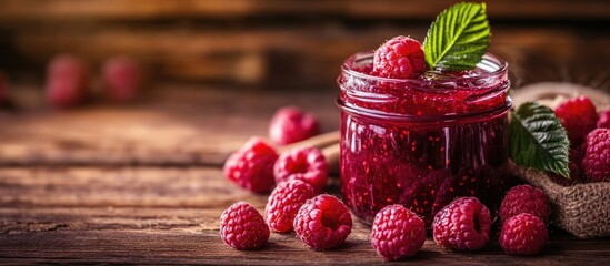 Poster - Fresh raspberry jam in a glass jar on a wooden table accompanied by fresh raspberries The idea of homemade jam preserves for winter with selective focus and copyspace