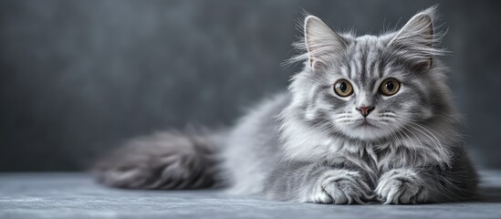 Poster - Siberian breed female cat gray silver in color Attractive kitten resting comfortably. with copy space image. Place for adding text or design